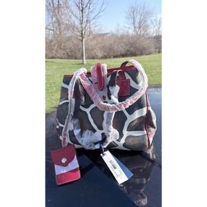 Dooney Bourke Giraffe Print Tote Bag Brown with Red Leather